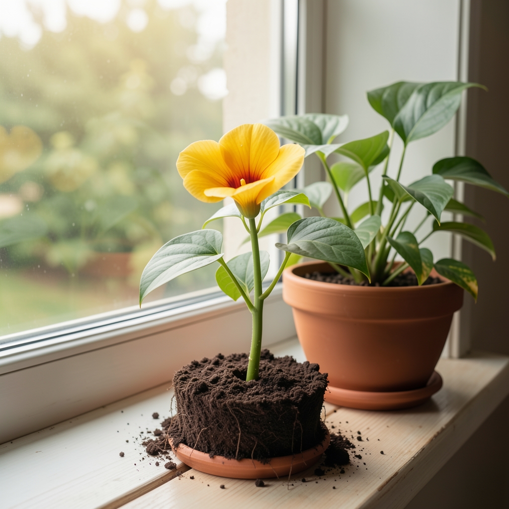 Xiaomi Mi Flora паметни сензор биљака у облику цвета убоден у земљу сочне биљке у саксији на прозорској клупи